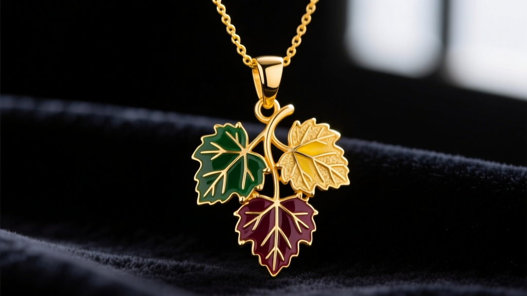 Macro shot of a vintage Black Hills gold necklace pendant with tri-color grape leaves and a 14k yellow gold chain on dark velvet.
