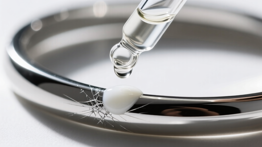 Glass dropper applying nitric acid testing solution to a scratch mark on a silver bracelet, showing a creamy white color reaction.