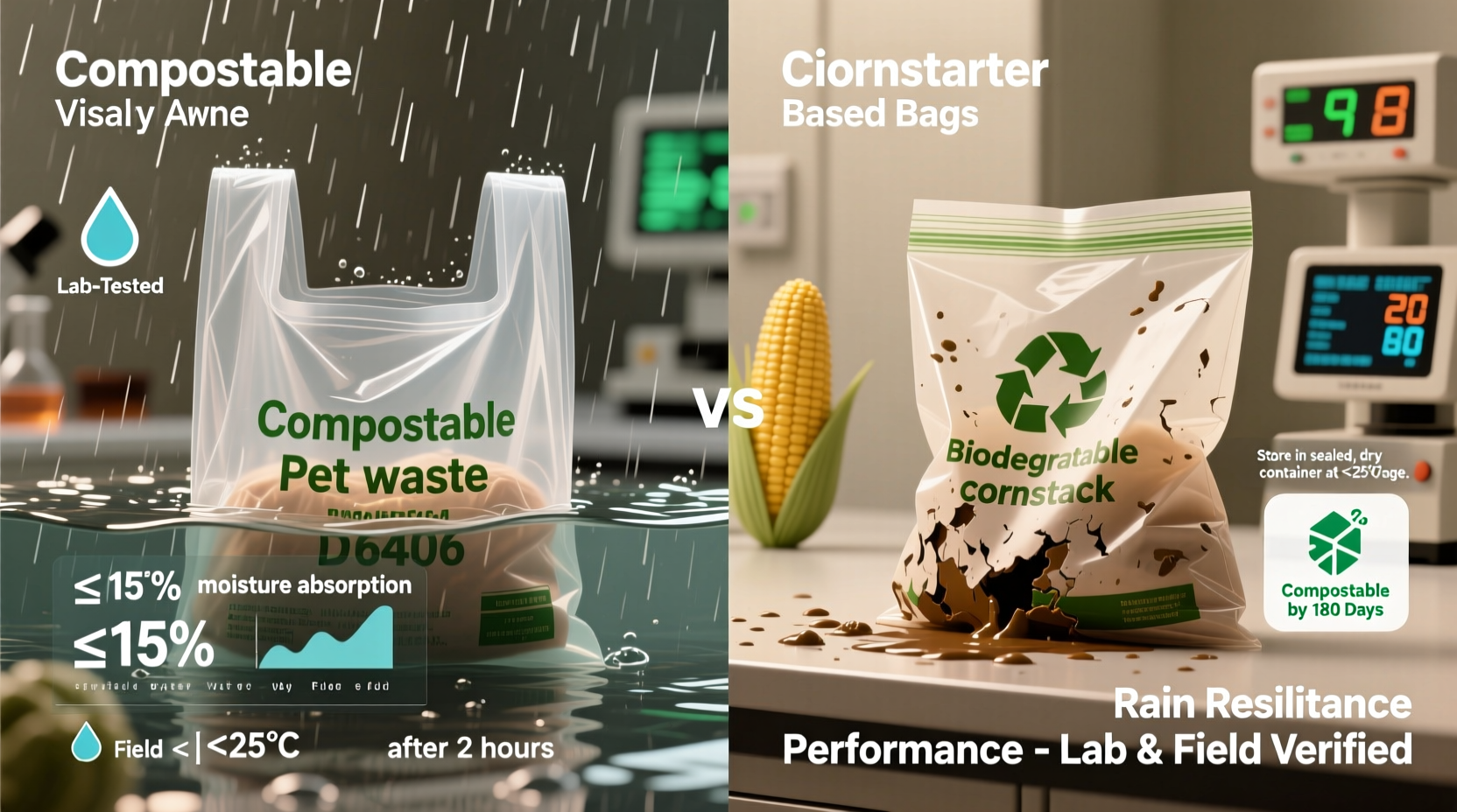compostable vs cornstarch pet bags in rain