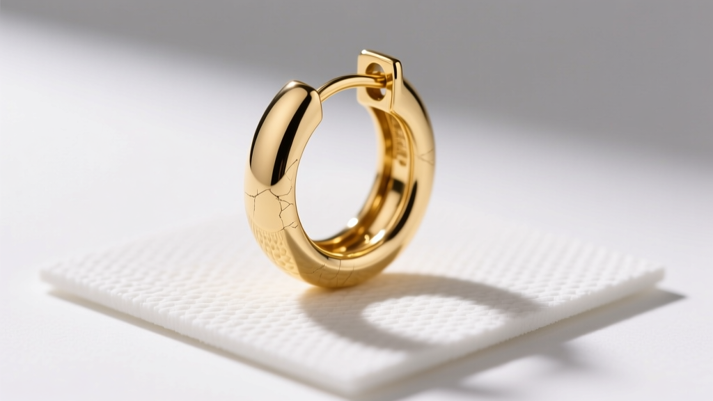 Smartphone with macro lens capturing a textured 14k gold hoop earring on a white mat to inspect the clasp for micro-scratches