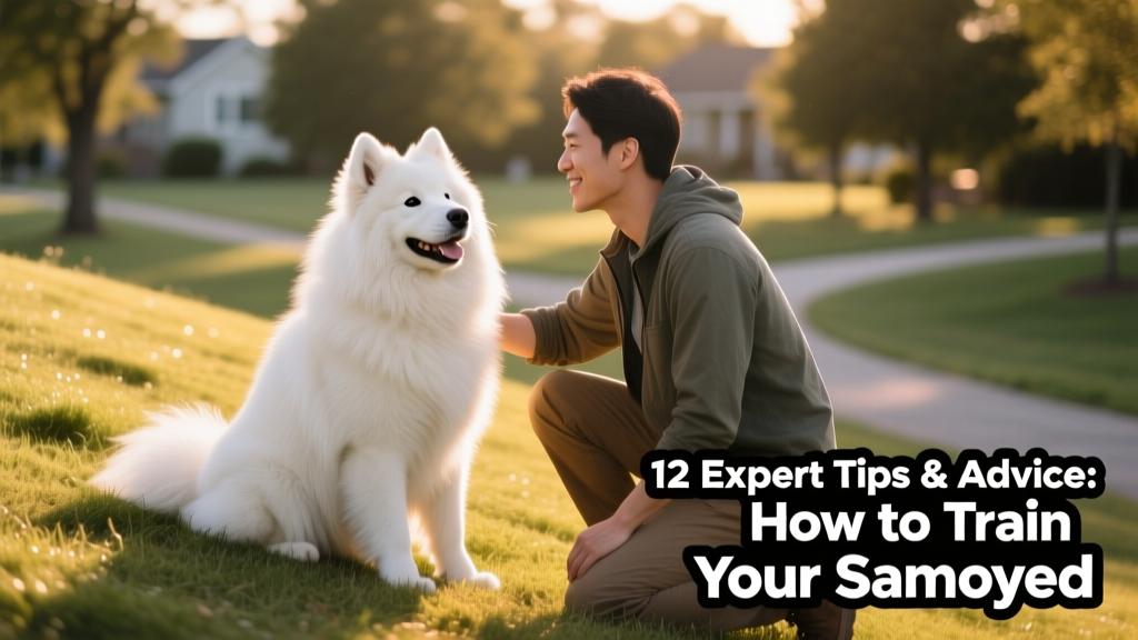 A smiling Samoyed sitting attentively beside its owner during an outdoor training session