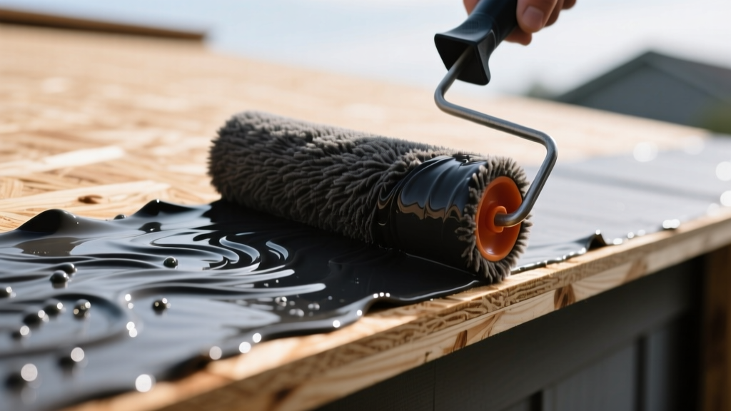 Close-up of fluid-applied breathable waterproof membrane rolled onto exterior OSB sheathing with a thick-nap roller