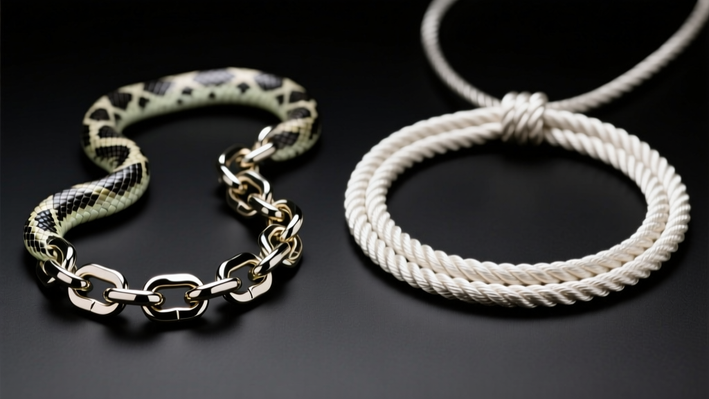 Comparison of a kinked snake chain and a pristine rope chain used in a lariat necktie necklace, under bright studio lighting.