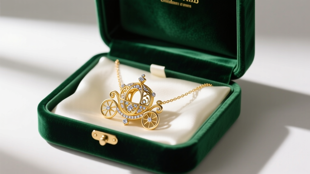 Elegant velvet jewelry box open to reveal a 14k gold Cinderella carriage pendant necklace with diamond accents resting on soft silk.