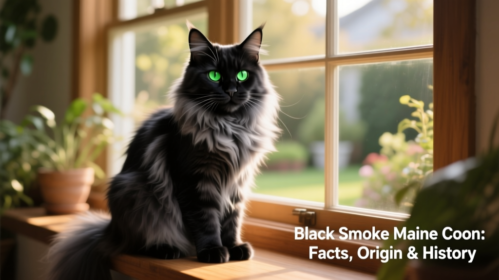 Black Smoke Maine Coon sitting gracefully on a sunlit windowsill, showcasing its dense, smoky fur and expressive green eyes