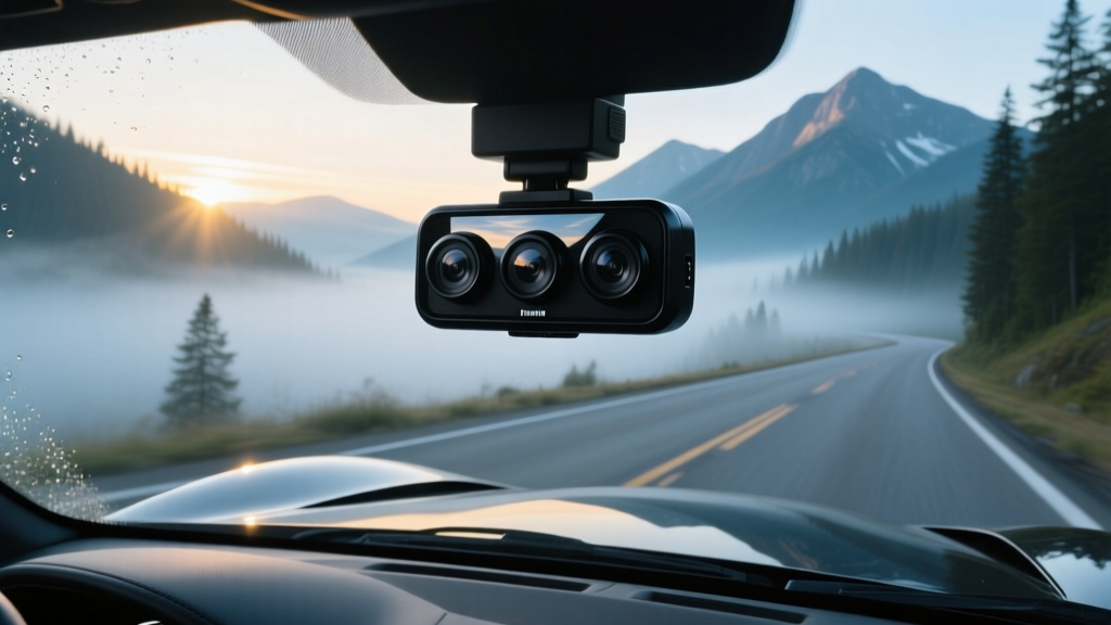 A sleek matte-black triple-channel dash cam mounted on the windshield of a sports car, recording a misty mountain highway at dawn.