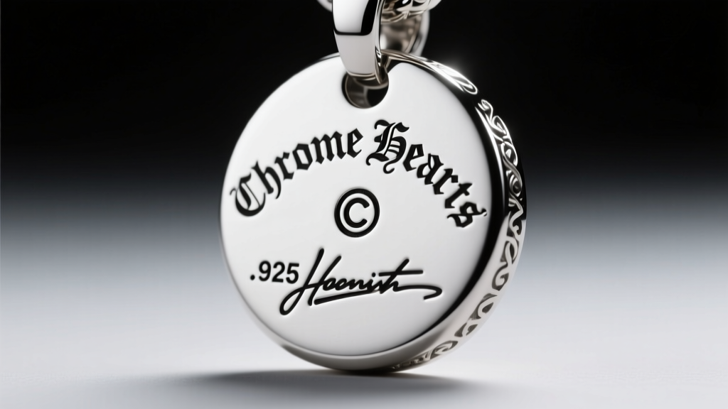 Macro shot of a Chrome Hearts pendant back, focusing on the deeply stamped .925 hallmark, copyright symbol, and brand logo font.