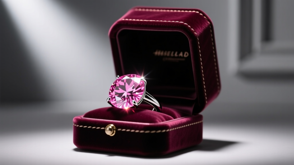 Close-up of a luxurious velvet display box holding a massive glowing pink diamond ring under dramatic gallery spotlighting