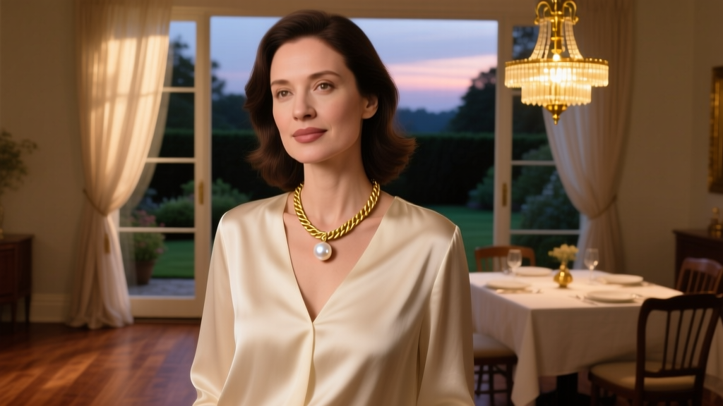 Woman wearing a 14k gold rope chain with an 8mm pearl pendant, paired with a cream silk blouse in a softly lit, warm dining room.