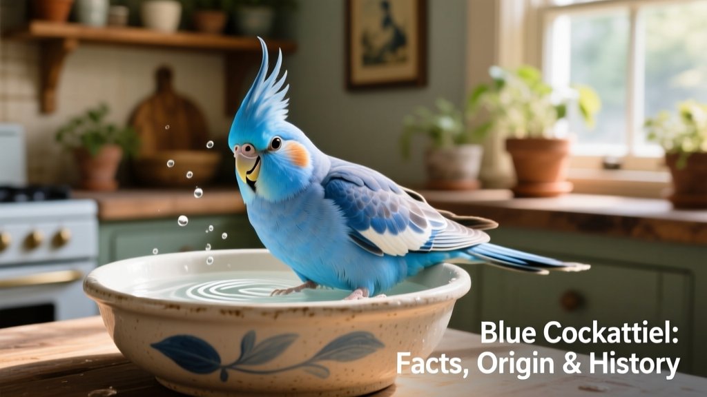 A happy blue cockatiel enjoying a shallow bath in a ceramic dish, feathers fluffed and crest raised in contentment
