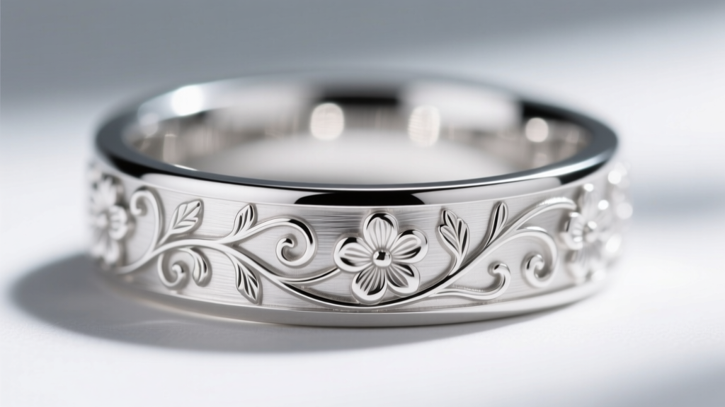 Macro shot of deep hand engraving on a platinum wedding band, highlighting sharp cuts and an intricate floral scroll pattern