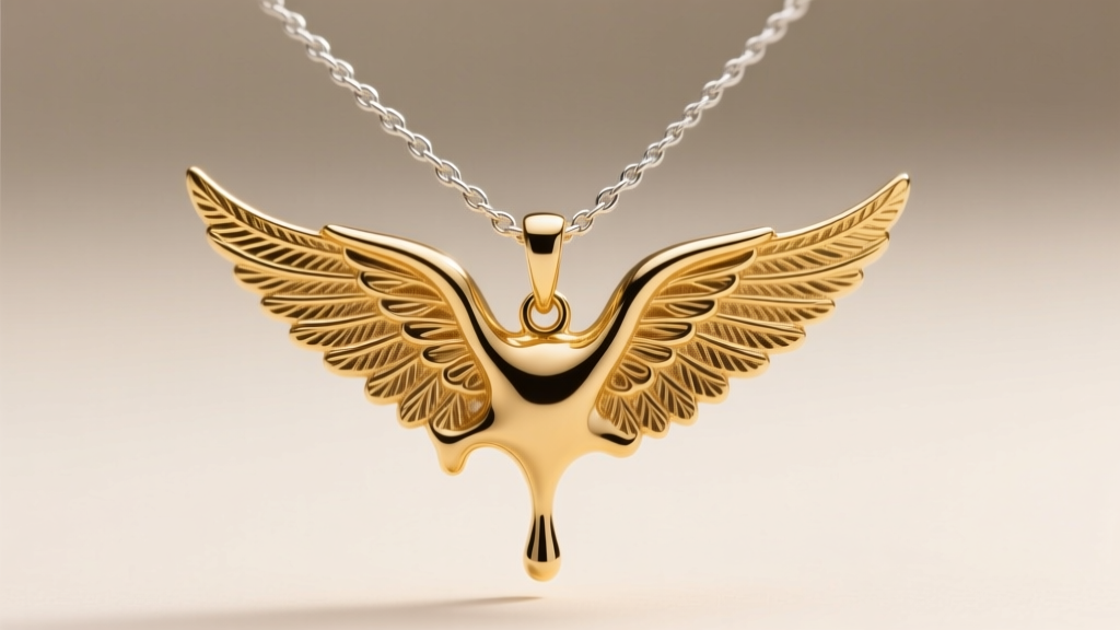 Macro shot of an Icarus necklace with a melting gold wing pendant on a 1.2mm sterling silver rope chain under warm studio light