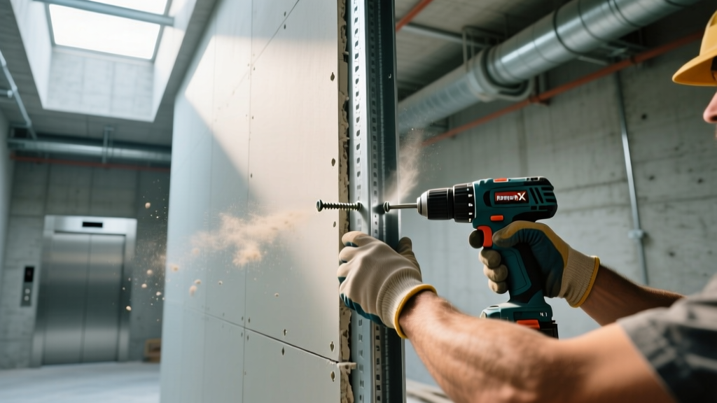 Contractor securing 5/8-inch Type X fire rated gypsum board to steel studs with drywall screws inside a commercial elevator shaft.