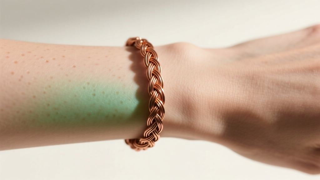 Wrist wearing a braided copper wire bracelet, with a faint, harmless green tint visible on the skin just beneath the warm metal.