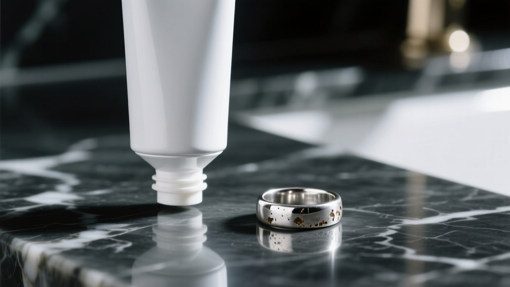 Tube of white toothpaste next to a tarnished sterling silver ring on a dark marble countertop under bright studio lighting.