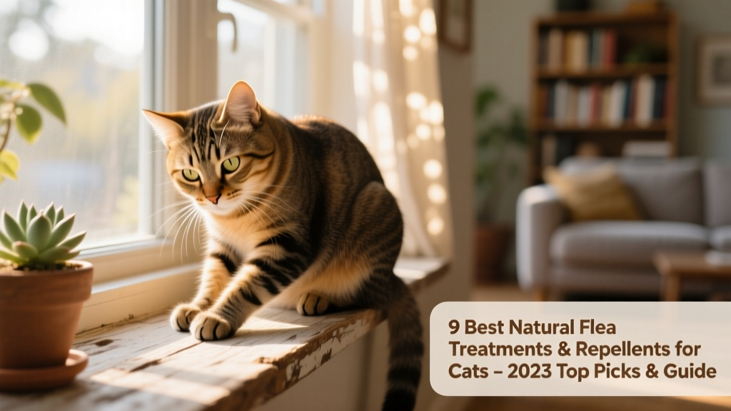 Close-up of a healthy, relaxed cat grooming itself on a sunlit windowsill, with no visible fleas or irritation