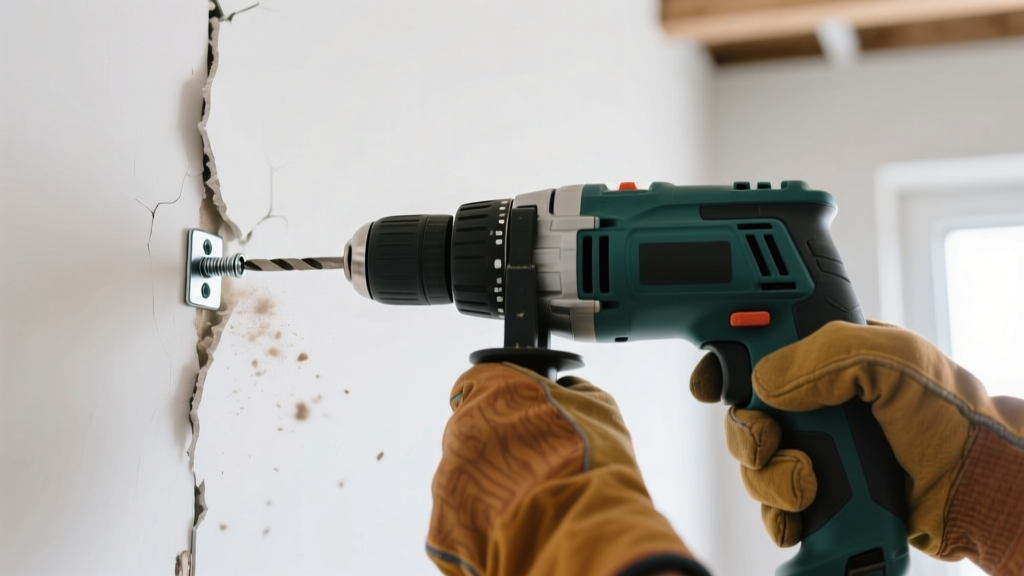 Close-up of hands using a power drill to install a metal toggle bolt anchor into white drywall for a jewelry mounting bracket