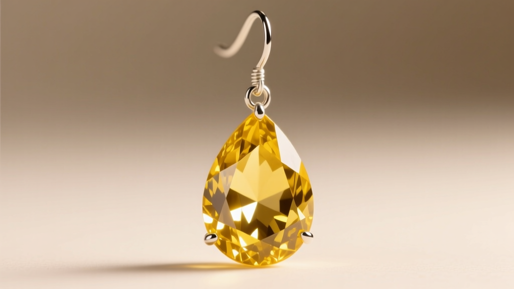 Macro photo of faceted yellow apatite drop earring on silver hook, showing internal clarity and reflections under soft studio light.