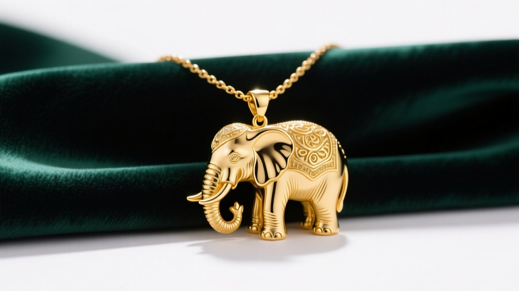18k yellow gold elephant pendant necklace on dark emerald silk, soft studio lighting highlighting intricate trunk and tusk details