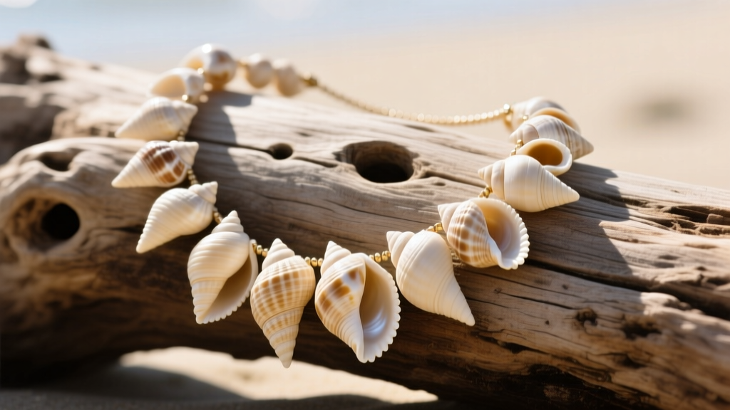 Natural cream puka shell necklace on driftwood, highlighting irregular cone shapes and smooth holes under bright, warm sunlight