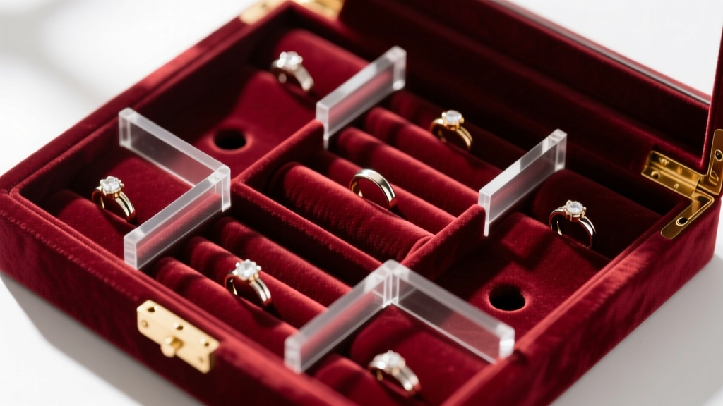 Top-down view of a modular jewelry box interior featuring velvet-lined ring rolls, adjustable acrylic dividers, and post holes