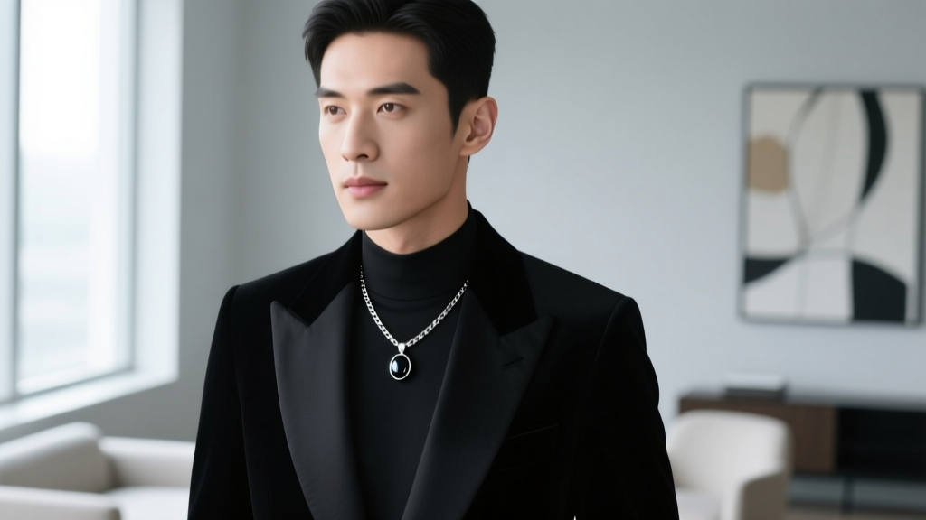 Man in a tailored tuxedo wearing a subtle 3mm sterling silver Prince chain necklace with a small onyx pendant under the collar.