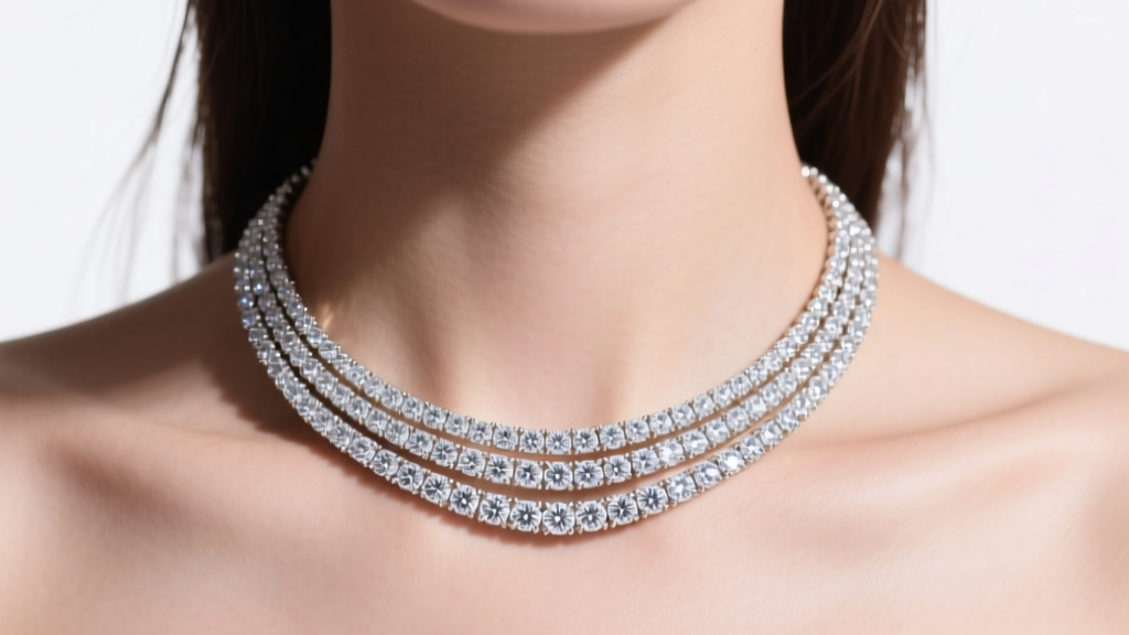 Three-strand layered lab-grown diamond tennis necklace in 14k white gold resting on collarbone, soft studio lighting, macro shot