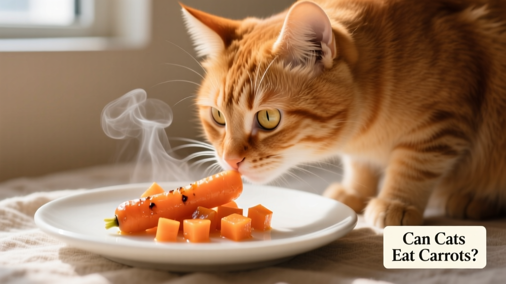 Close-up of a cat sniffing a small, cooked, diced carrot on a plain surface