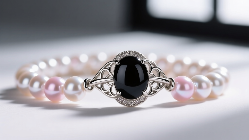 Detailed view of a sterling silver clasp connecting a strand of round Akoya pearls and smooth black onyx stones under studio light.