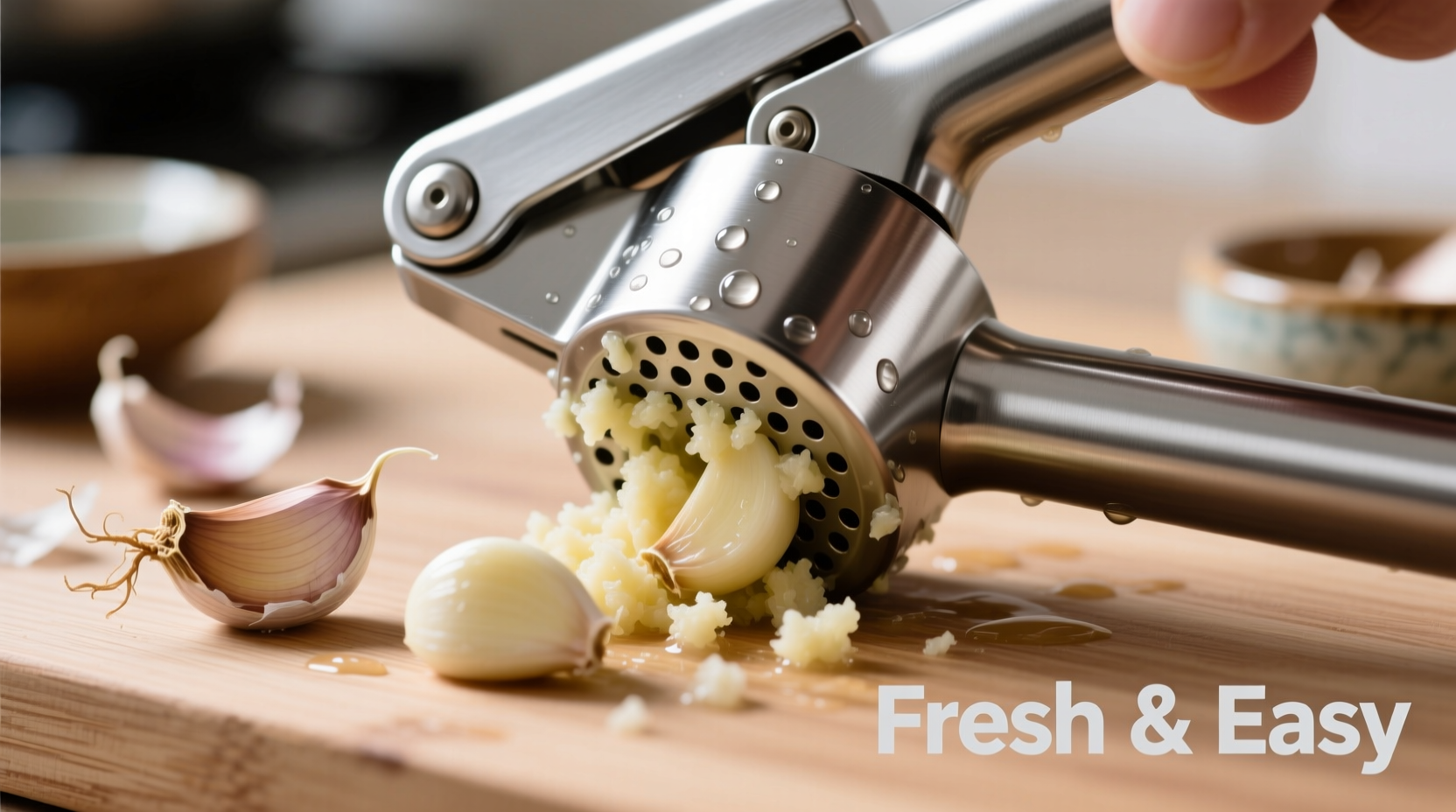 Stainless steel garlic press with garlic cloves and minced garlic