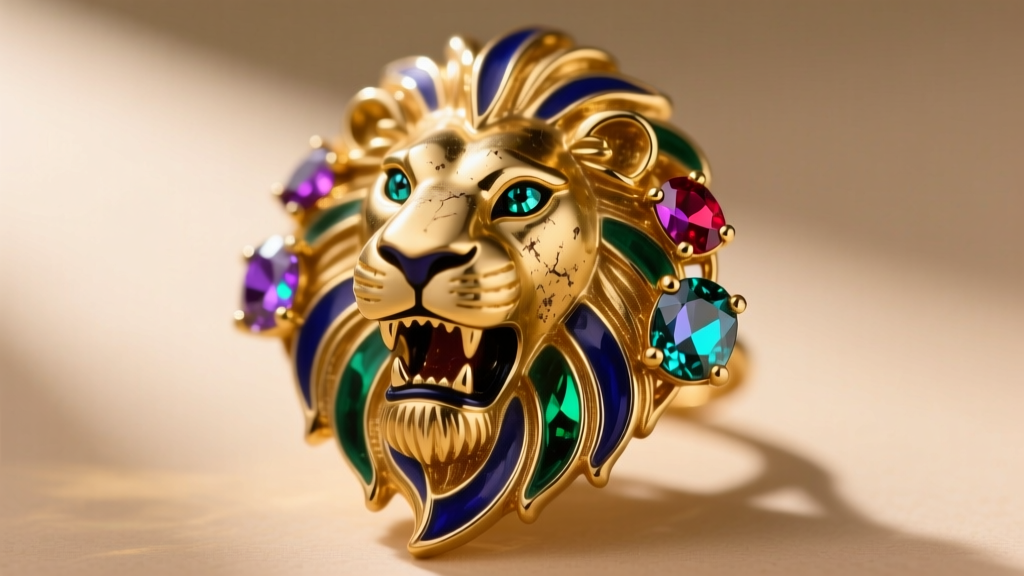 Macro shot of a vintage 1980s gold-plated lion brooch with detailed enamel work and prong-set aurora borealis glass rhinestones