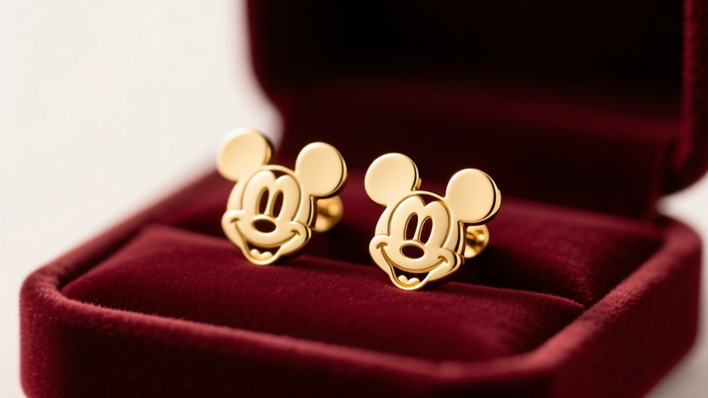 Close-up of gold-plated brass Mickey Mouse silhouette stud earrings resting on a velvet jewelry tray under warm studio lighting