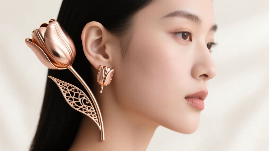 Side profile of a woman wearing asymmetric sculptural tulip ear cuffs in rose gold, highlighting ear cartilage and modern style
