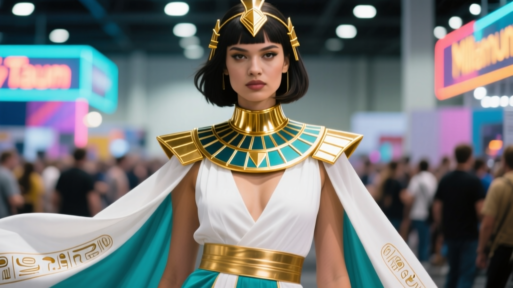 Cosplayer wearing a golden Millennium Tauk collar necklace over a white and teal Egyptian outfit in bright convention lighting.