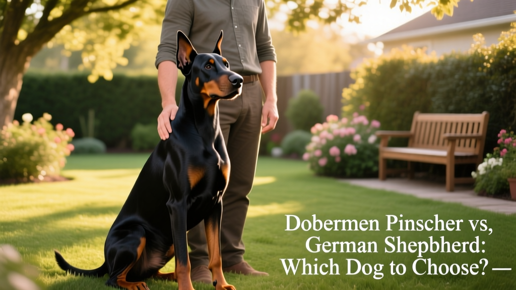 A confident, well-groomed Doberman Pinscher sitting attentively beside its owner in a sunlit backyard