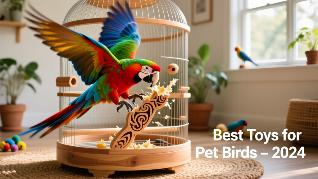 A vibrant macaw actively shredding a colorful wooden toy in its cage