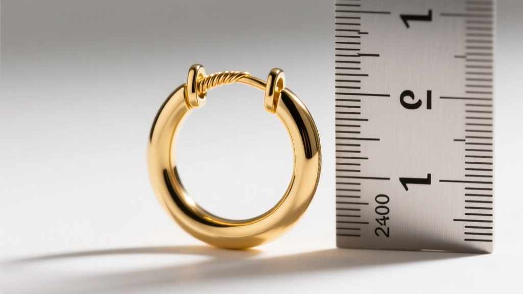 Macro shot of a 20-gauge 14k yellow gold huggie hoop beside a ruler, highlighting the thin wire and snap closure mechanism.
