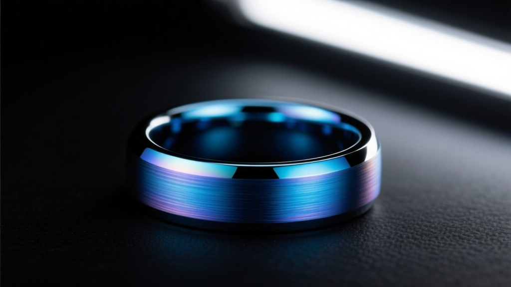 Macro shot of an anodized niobium intimate ring showing vibrant blue hues, inspected under a bright LED desk lamp in a dark space.