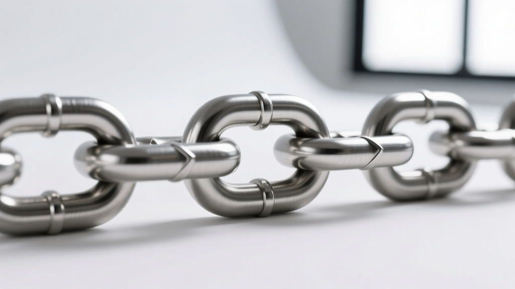 Macro shot of a brushed 316L stainless steel anchor chain, showing interlocking oval links and the central support bar.