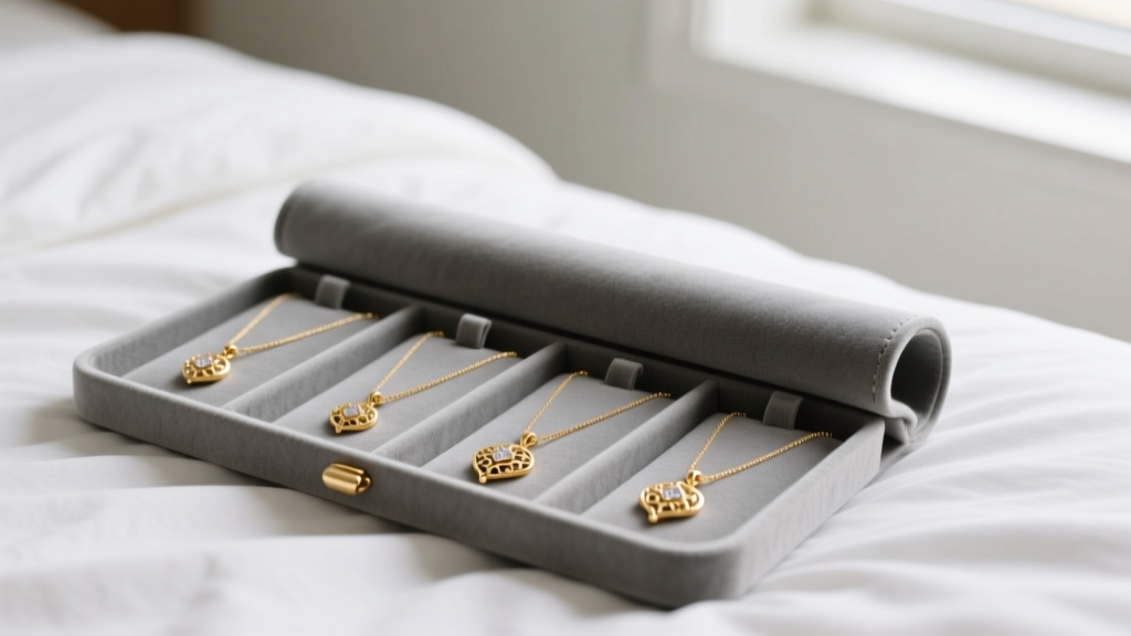 Grey suede jewelry roll open on a bed, featuring individual padded slots holding neatly stored, untangled gold pendant necklaces.