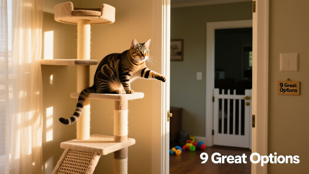 A curious tabby cat perched on a tall, wall-mounted cat tree with multiple platforms and scratching posts
