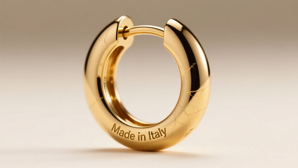 Close-up of a luxury designer hoop earring post, showing the crisp Made in Italy hallmark and deep serial number engraving.