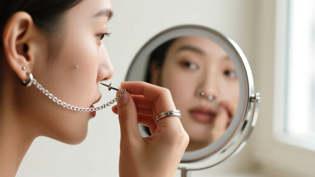 Hands attaching a silver ear-nose chain from a helix piercing to a 20-gauge nose screw while looking into a small round mirror