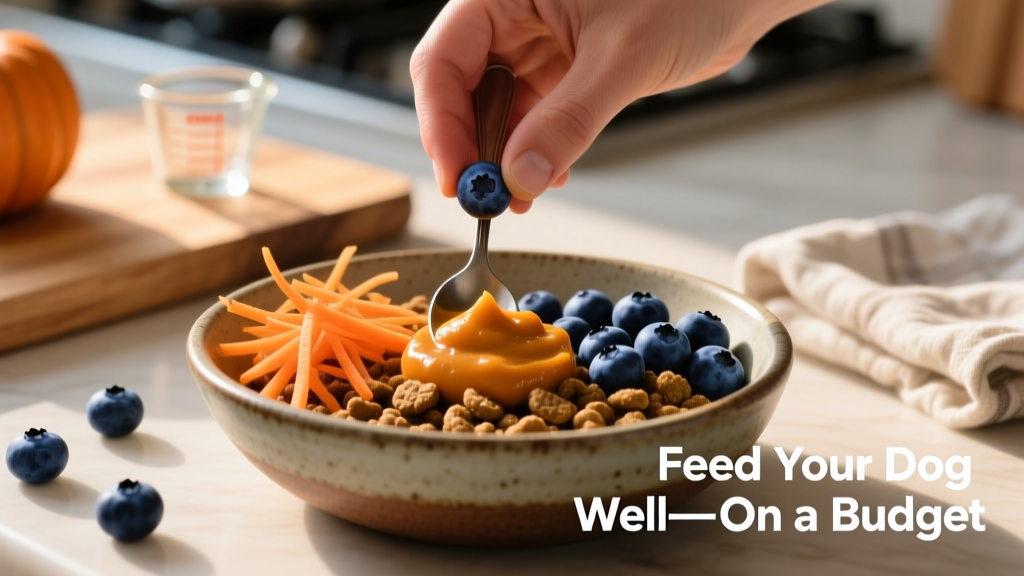 A hand adding fresh blueberries, shredded carrots, and a spoonful of plain pumpkin purée to a bowl of kibble