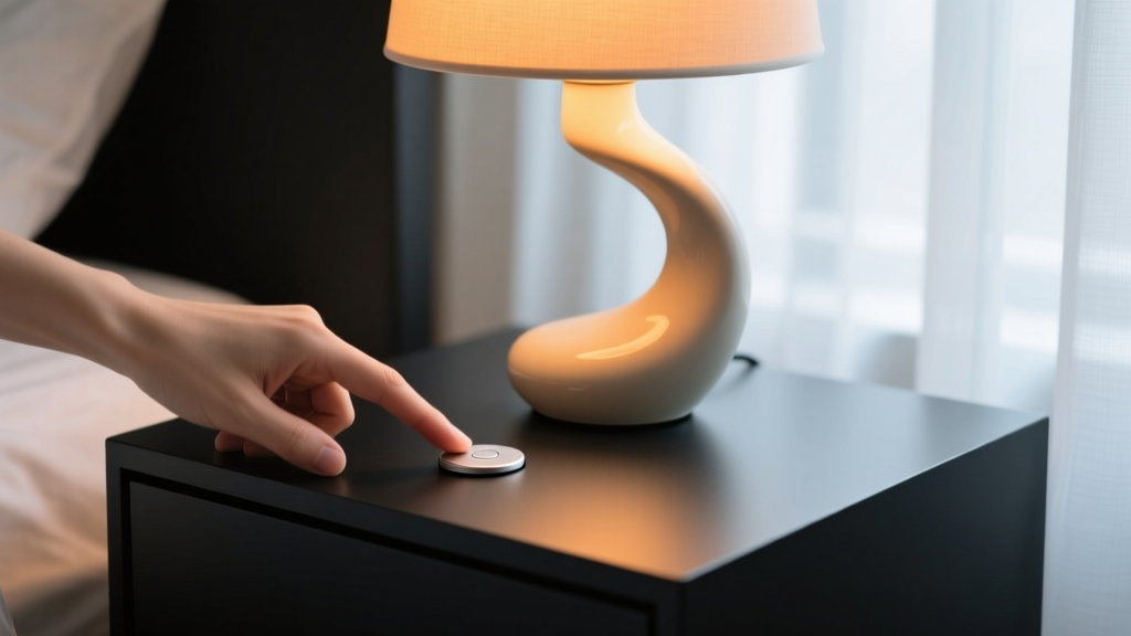 Close-up of a finger pressing a tactile smart button on a nightstand, triggering a warm amber glow from a bedside lamp.