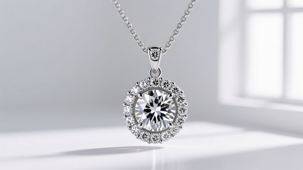 Side profile of a platinum diamond pave necklace pendant showing the gallery wire and reinforced micro-prongs securing the stones