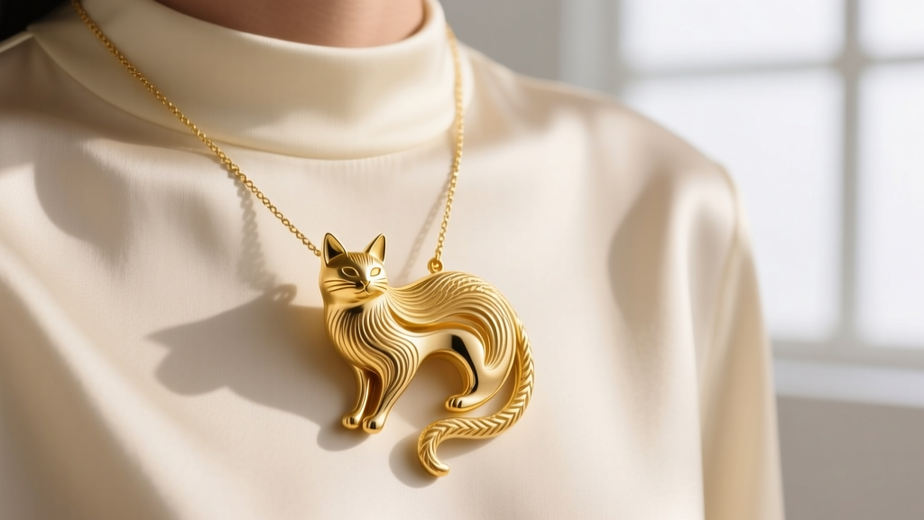 Close-up of 18k yellow gold abstract cat pendant on a delicate 1.2mm cable chain, resting on cream silk blouse under soft studio light.