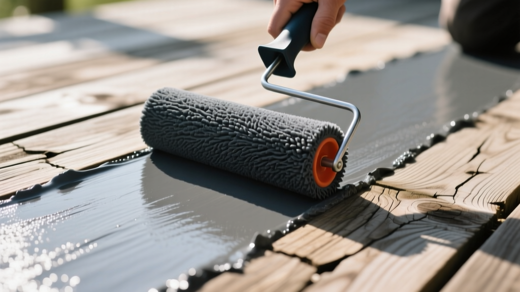 Textured dark grey rubberized elastomeric coating being rolled onto a weathered wooden deck surface with a thick nap roller