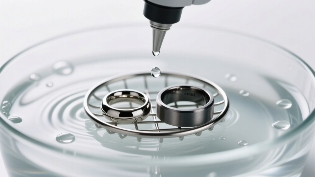 Ultrasonic cleaner vibrating a basket holding a titanium septum ring and a tungsten band in a mild, soapy water cleaning solution.