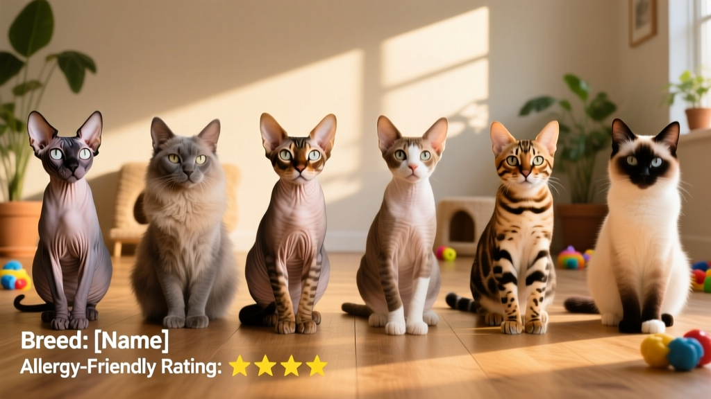 Side-by-side photos of seven low-dander cat breeds including Sphynx, Russian Blue, and Siberian
